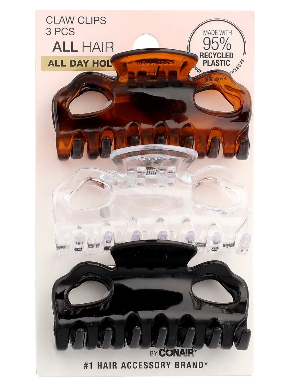 scunci 3-Pack Claw Hair Clips - Tortoise, Clear, Black